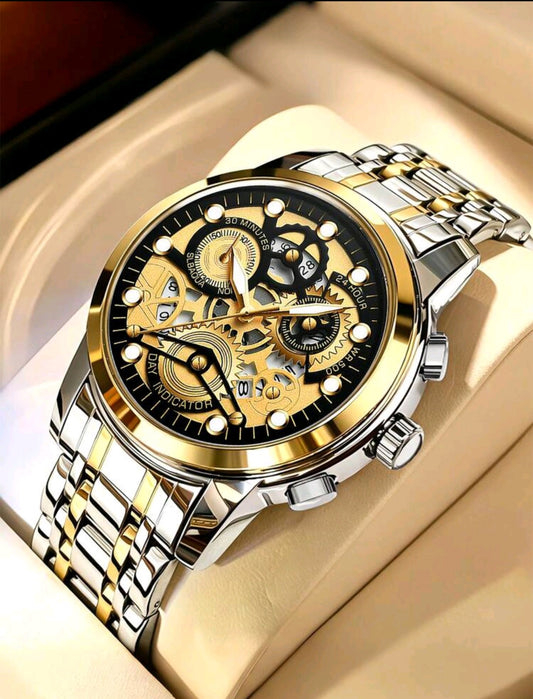 Luxury Men's Skeleton Gold & Silver Analog Wrist Watch | Premium