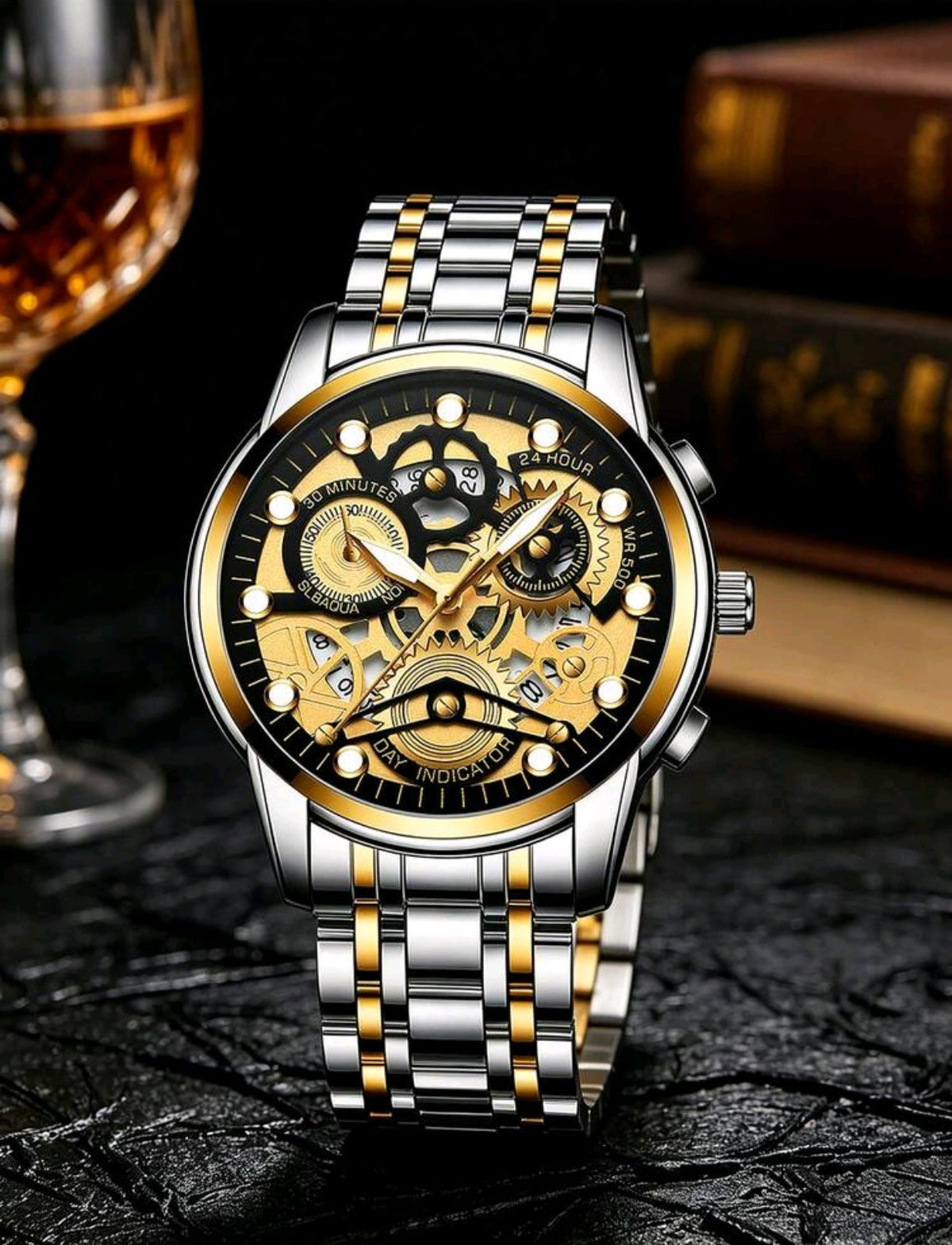 Luxury Men's Skeleton Gold & Silver Analog Wrist Watch | Premium