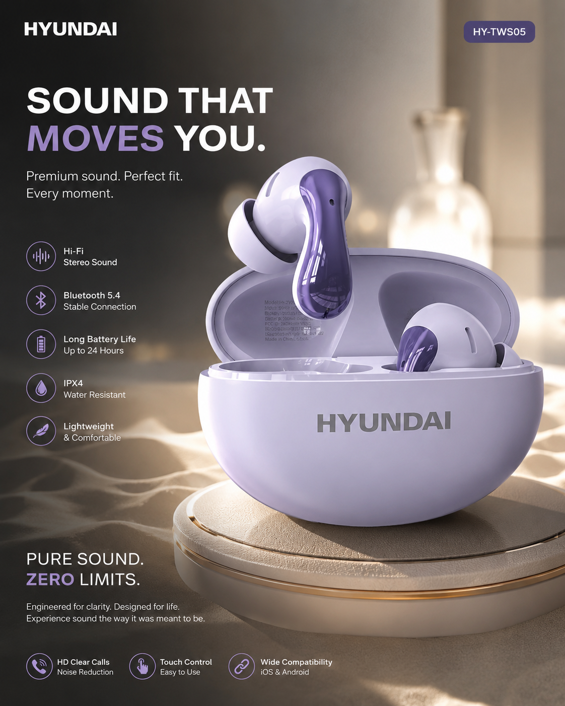 HYUNDAI HY-TWS05 Wireless Earbuds Bluetooth 5.4 | Hi-Fi Sound | ENC Clear Calls | 24H Battery |